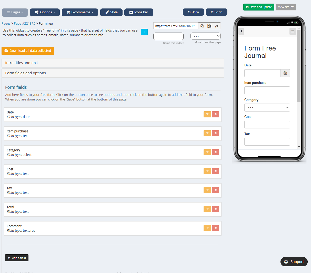 Form Free widget fields added 